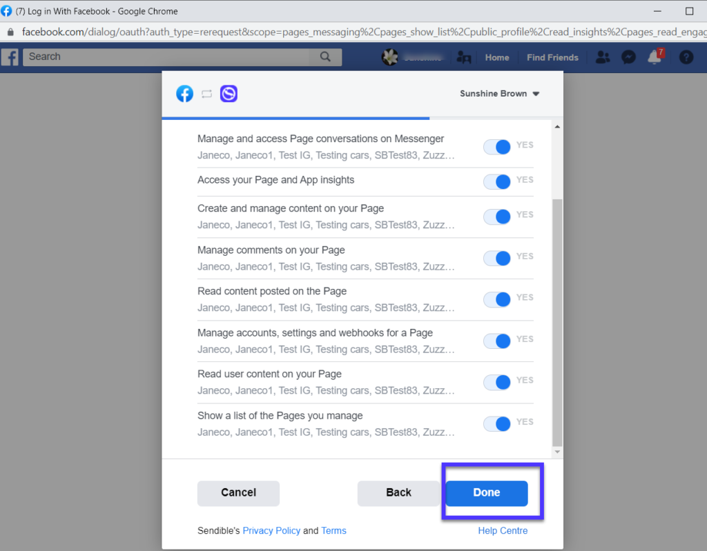 finish setting up Facebook on Sendible