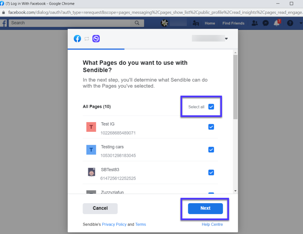 select a facebook page