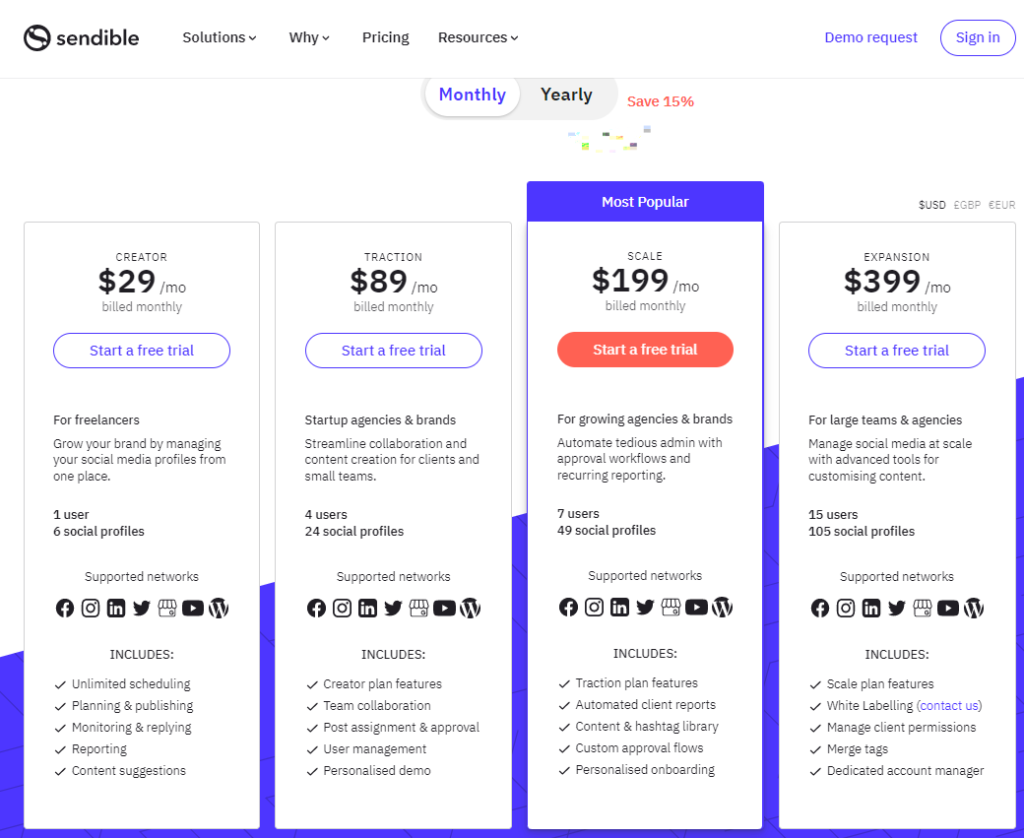 Sendible pricing options